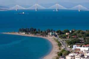Nafpaktos beach and view to rio antirio bridge