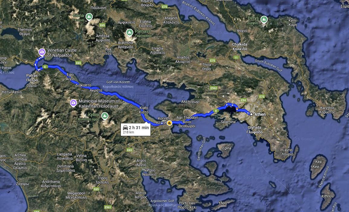 Athens Nafpaktos Route map