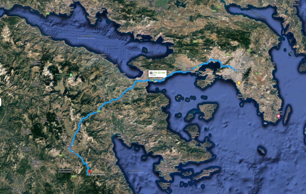 αποσταση και διαδρομή από Αθήνα για Άγιο Πέτρο Κυνουρίας