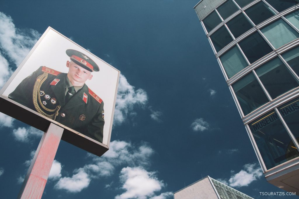 In the borders of East and West Berlin a picture of a Soviet army officer in uniform. Berlin Germany
