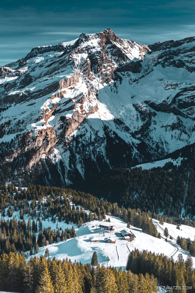 Les Diablerets ski station Les Mazots view to the SWiss ALps