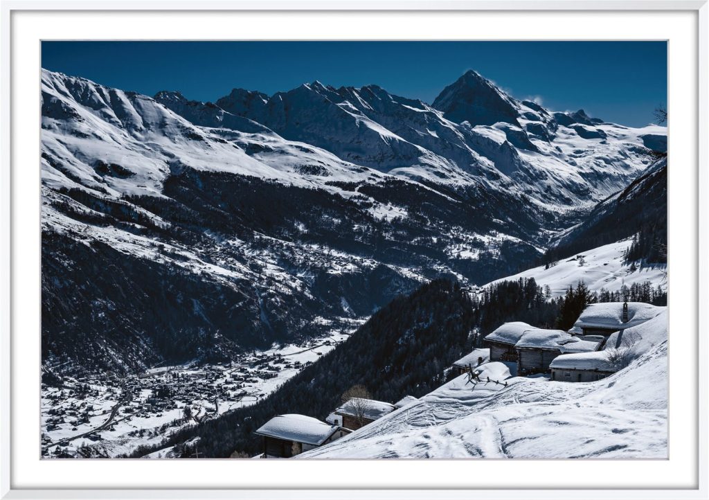 View to the impressive Dent Blanche mountain peak and the village of Evolene in Valais (Wallis), Swiss Alps