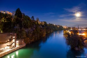 Geneva Switzerland full moon night river Rhone