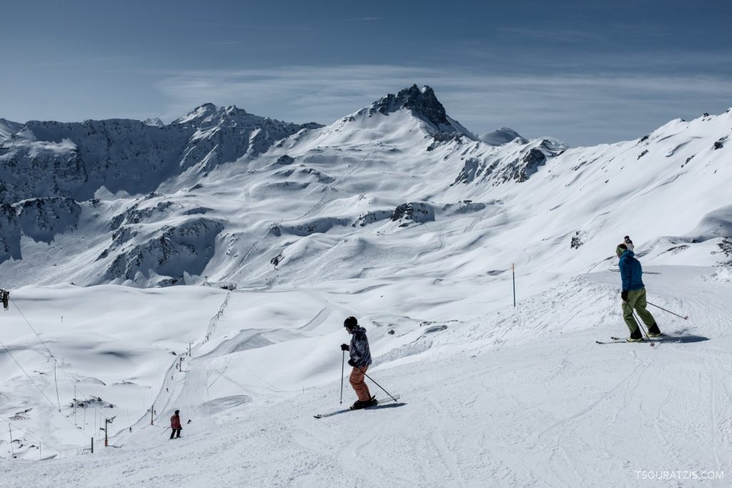 Skier skiing in grimentz swiss alps val d' anniviers Switzerland ski