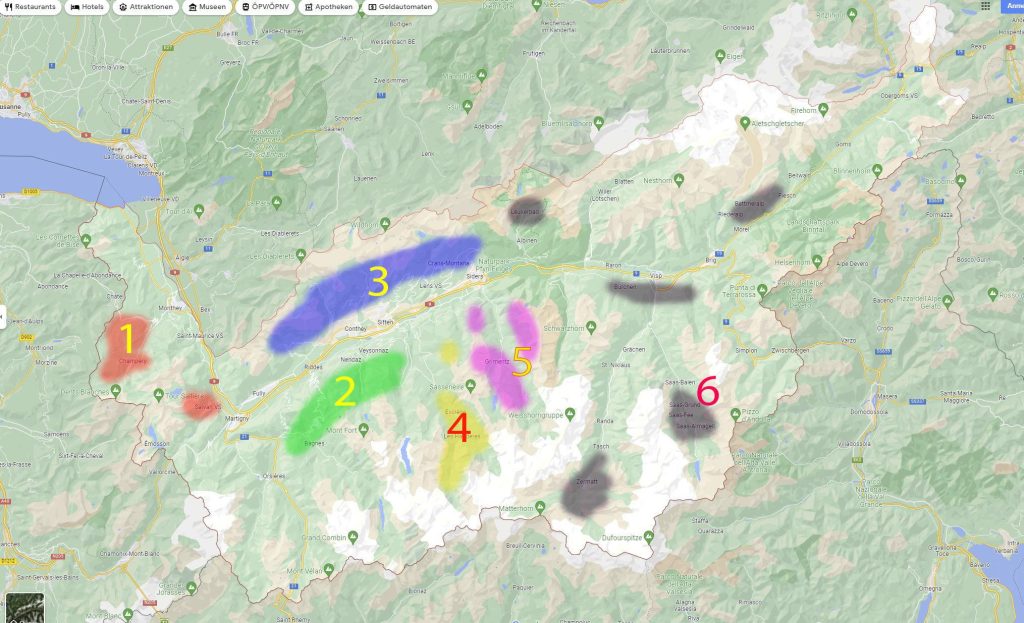 Map of Valais ski resorts stations in the SWiss Alps 