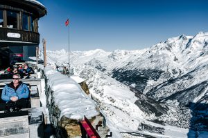 Langfluh restaurant at 2870 meters view to Saas-Fee village