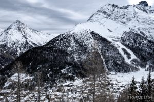 Saas-Fee village view opposite to the Plattjen section of the ski station